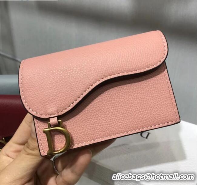 Unique Grade Dior Saddle Grained Calfskin Flap Card Coin Purse Wallet CD2310 Pink 2019