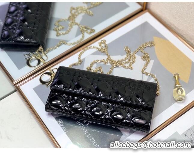 Reasonable Price Dior Lady Dior Long Wallet on Chain WOC in Black Patent Cannage Calfskin CD1022