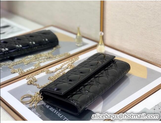 Reasonable Price Dior Lady Dior Long Wallet on Chain WOC in Black Patent Cannage Calfskin CD1022