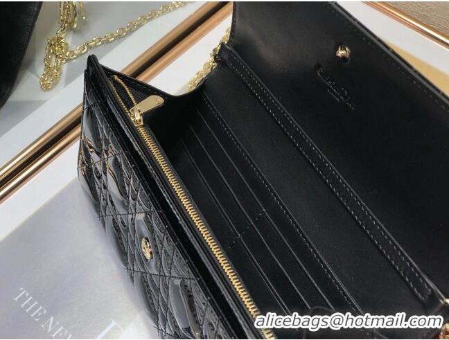 Reasonable Price Dior Lady Dior Long Wallet on Chain WOC in Black Patent Cannage Calfskin CD1022