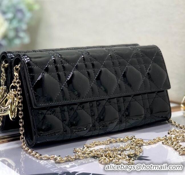 Reasonable Price Dior Lady Dior Long Wallet on Chain WOC in Black Patent Cannage Calfskin CD1022