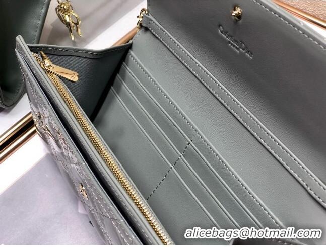 Promotional Dior Lady Dior Long Wallet on Chain WOC in Patent Cannage Calfskin CD1022 Grey Stone