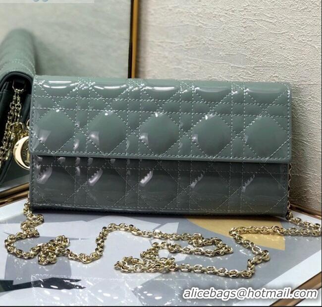 Promotional Dior Lady Dior Long Wallet on Chain WOC in Patent Cannage Calfskin CD1022 Grey Stone