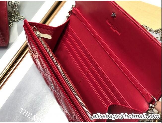 New Style Dior Lady Dior Long Wallet on Chain WOC in Patent Cannage Calfskin CD1022 Red