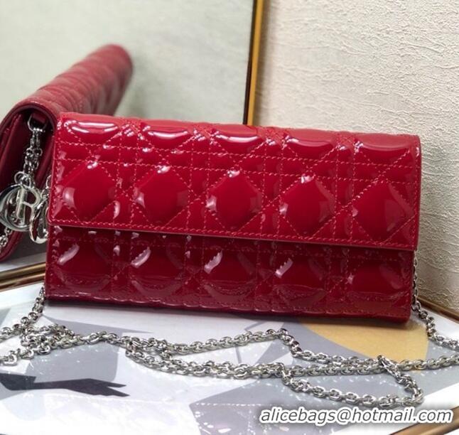 New Style Dior Lady Dior Long Wallet on Chain WOC in Patent Cannage Calfskin CD1022 Red