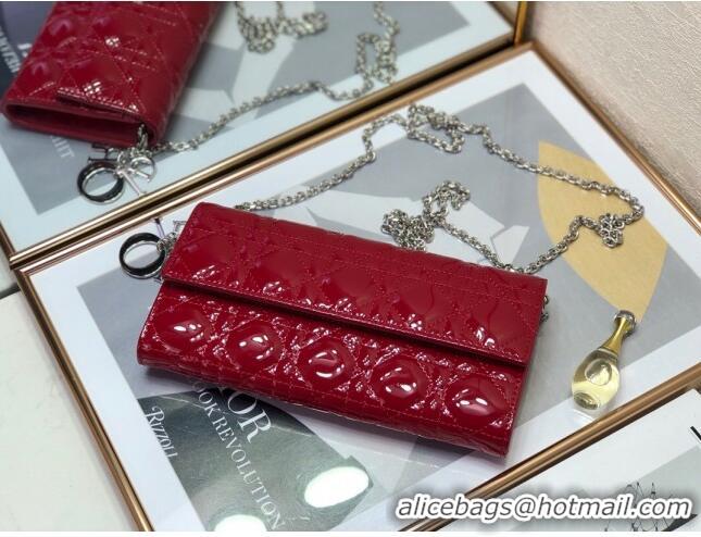 New Style Dior Lady Dior Long Wallet on Chain WOC in Patent Cannage Calfskin CD1022 Red