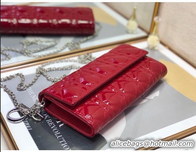 New Style Dior Lady Dior Long Wallet on Chain WOC in Patent Cannage Calfskin CD1022 Red