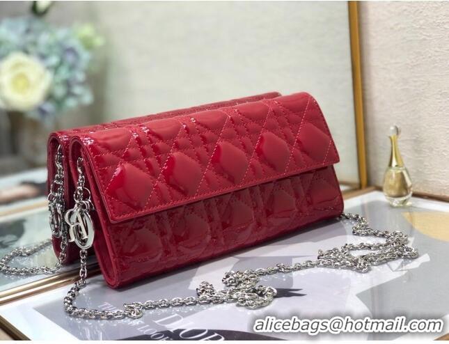 New Style Dior Lady Dior Long Wallet on Chain WOC in Patent Cannage Calfskin CD1022 Red