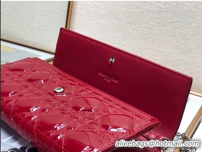 New Style Dior Lady Dior Long Wallet on Chain WOC in Patent Cannage Calfskin CD1022 Red