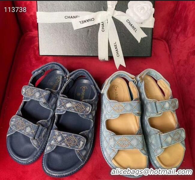 Traditional Specials Chanel Denim Strap Flat Sandals G72160 Light Blue 2020