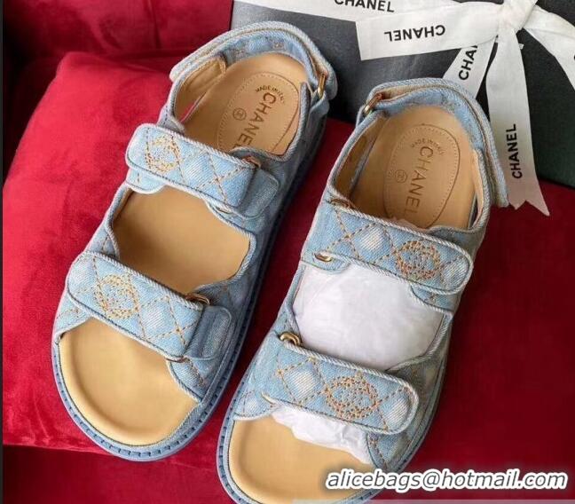 Traditional Specials Chanel Denim Strap Flat Sandals G72160 Light Blue 2020