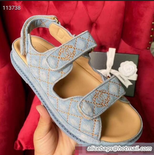 Traditional Specials Chanel Denim Strap Flat Sandals G72160 Light Blue 2020