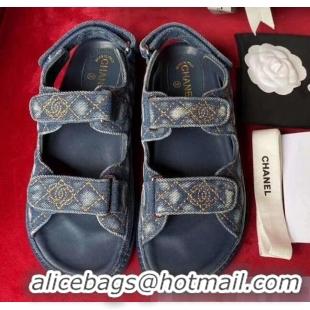 Famous Brand Chanel Denim Strap Flat Sandals G72161 Deep Blue 2020