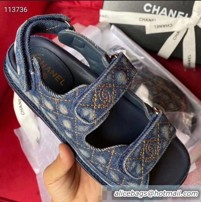 Famous Brand Chanel Denim Strap Flat Sandals G72161 Deep Blue 2020