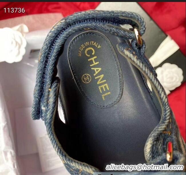 Famous Brand Chanel Denim Strap Flat Sandals G72161 Deep Blue 2020