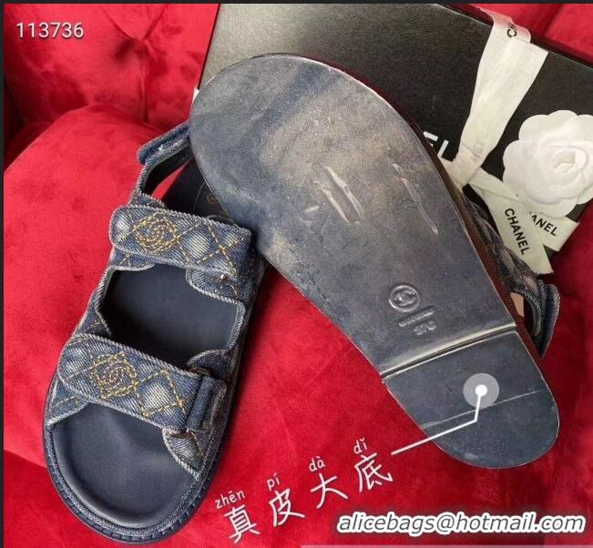 Famous Brand Chanel Denim Strap Flat Sandals G72161 Deep Blue 2020