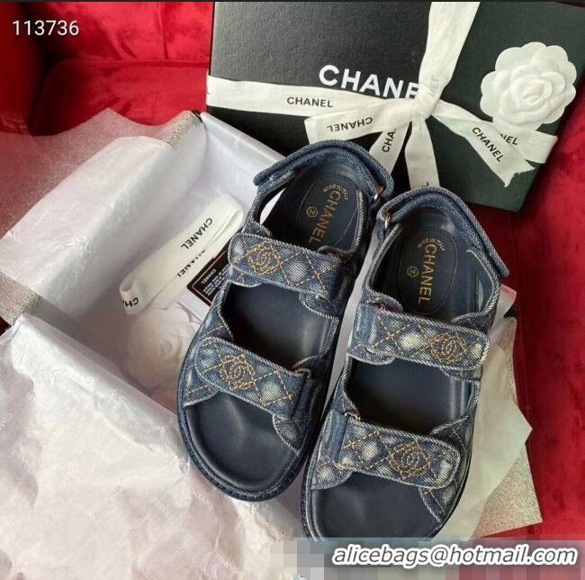 Famous Brand Chanel Denim Strap Flat Sandals G72161 Deep Blue 2020