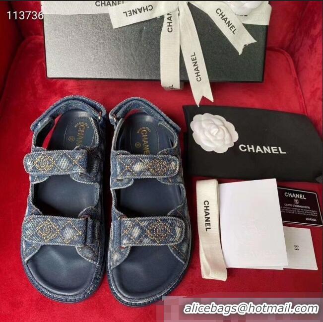 Famous Brand Chanel Denim Strap Flat Sandals G72161 Deep Blue 2020