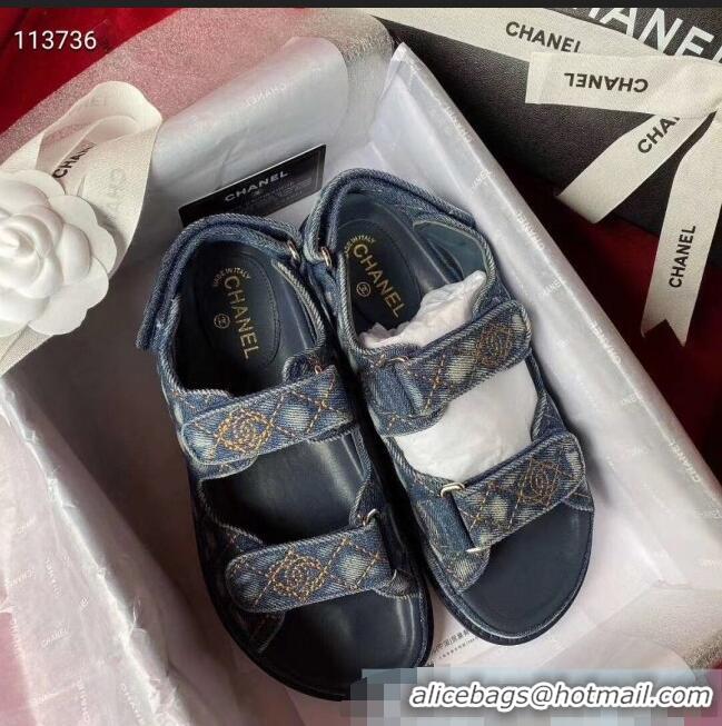 Famous Brand Chanel Denim Strap Flat Sandals G72161 Deep Blue 2020