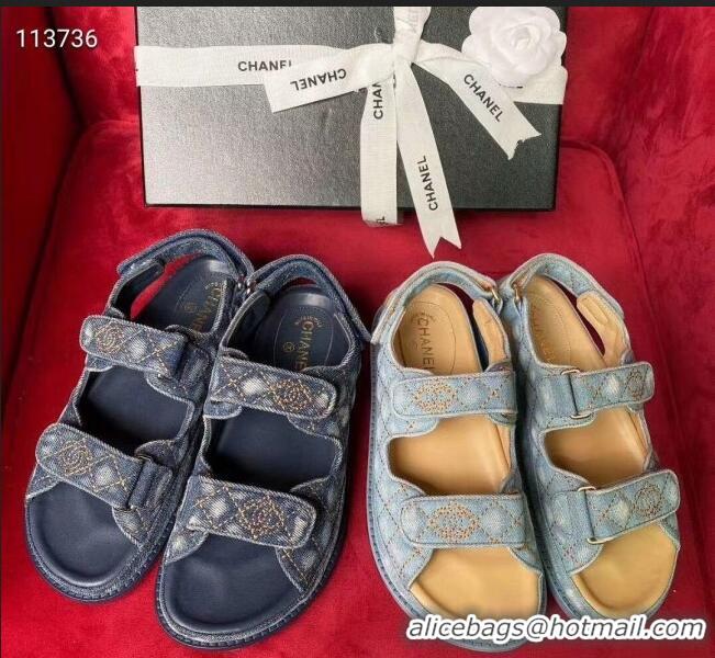 Famous Brand Chanel Denim Strap Flat Sandals G72161 Deep Blue 2020