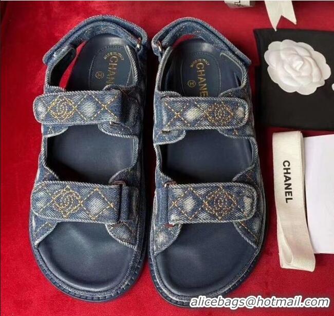 Famous Brand Chanel Denim Strap Flat Sandals G72161 Deep Blue 2020