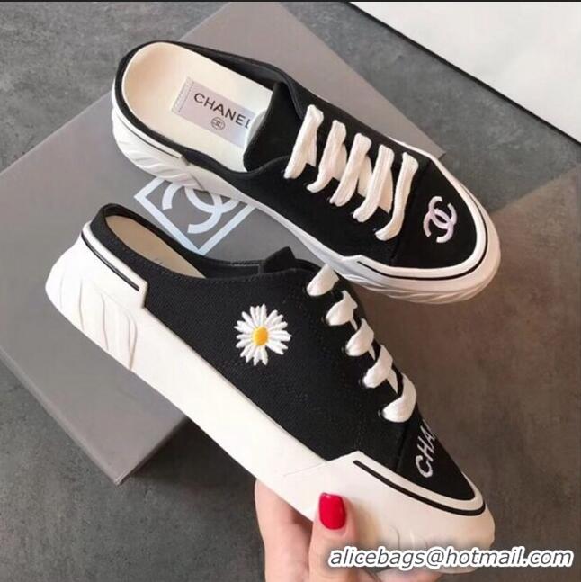 Design Cheapest Chanel Canvas Daisy Open Back Sneakers C72220 Black 2020