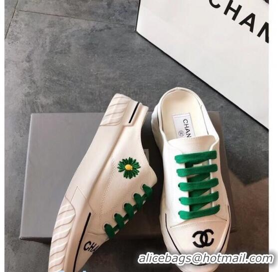 Most Popular Chanel Canvas Daisy Open Back Sneakers C72220 Green 2020