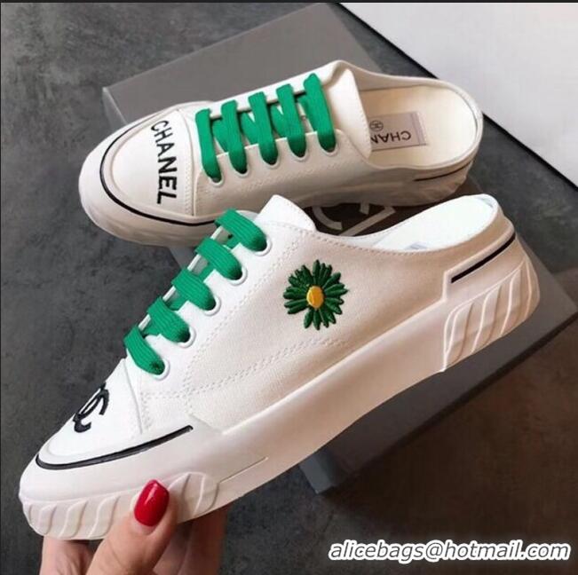 Most Popular Chanel Canvas Daisy Open Back Sneakers C72220 Green 2020