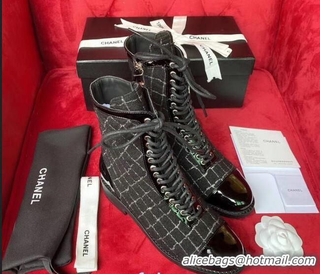 Good Product Chanel Checked Tweed Ankle Boots G36209 Black/Silver 2020