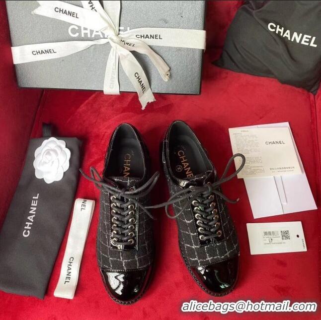 Shop Duplicate Chanel Checked Tweed Lace-ups G72225 Black/Silver 2020