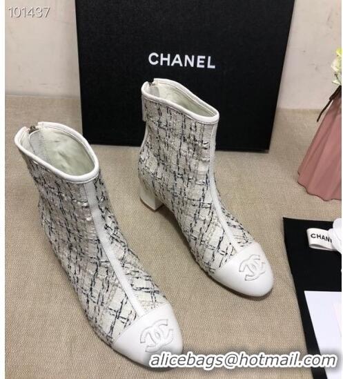 Luxury Discount Chanel Tweed Lambskin Ankle Short Boots G35552 45mm White 2020