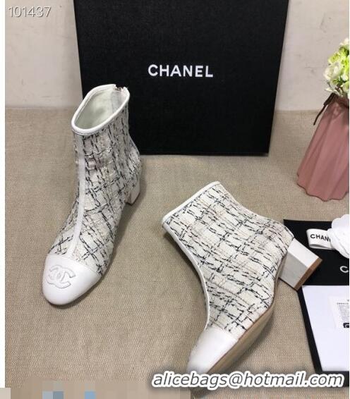 Luxury Discount Chanel Tweed Lambskin Ankle Short Boots G35552 45mm White 2020