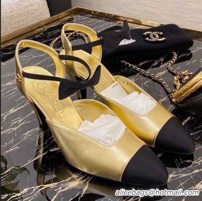 Pretty Style Chanel Laminated Leather Pumps With Black Bow 80mm G36360 Gold 2020