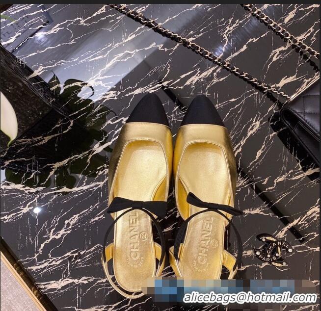 Top Design Chanel Laminated Leather Flat Mary Janes Slingback with Black Bow G36361 Gold 2020