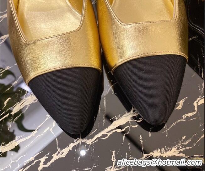 Top Design Chanel Laminated Leather Flat Mary Janes Slingback with Black Bow G36361 Gold 2020