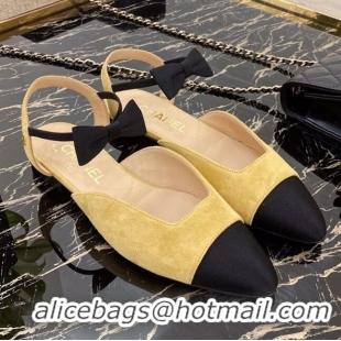 Hot Sell Chanel Suede Flat Mary Janes Slingback with Black Bow G36361 Yellow 2020