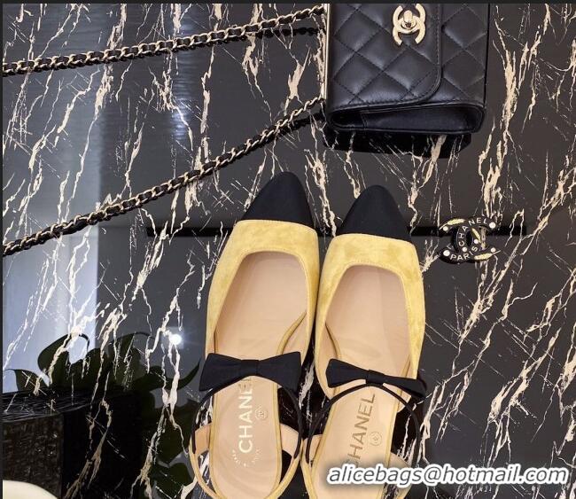 Hot Sell Chanel Suede Flat Mary Janes Slingback with Black Bow G36361 Yellow 2020