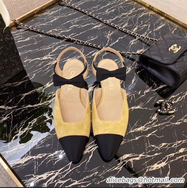 Hot Sell Chanel Suede Flat Mary Janes Slingback with Black Bow G36361 Yellow 2020