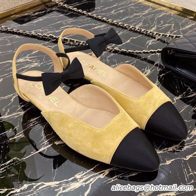 Hot Sell Chanel Suede Flat Mary Janes Slingback with Black Bow G36361 Yellow 2020