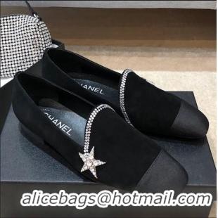 Shop Cheap Chanel Velvet Flat Loafers with Crystal Star G35833 Black 2020