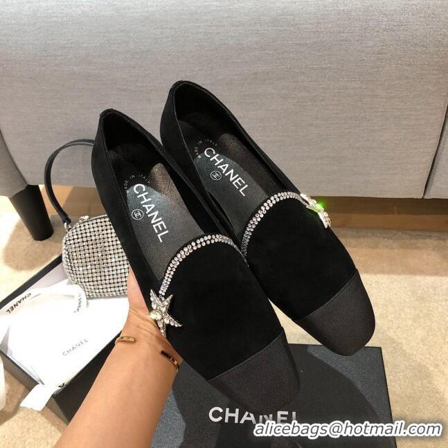 Shop Cheap Chanel Velvet Flat Loafers with Crystal Star G35833 Black 2020