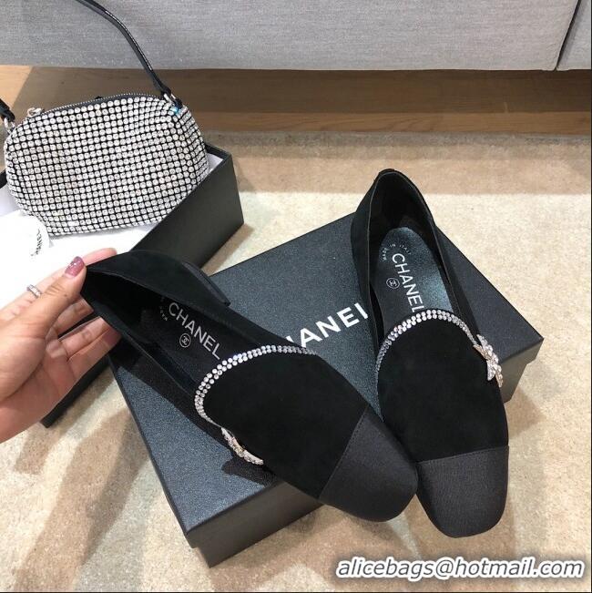 Shop Cheap Chanel Velvet Flat Loafers with Crystal Star G35833 Black 2020