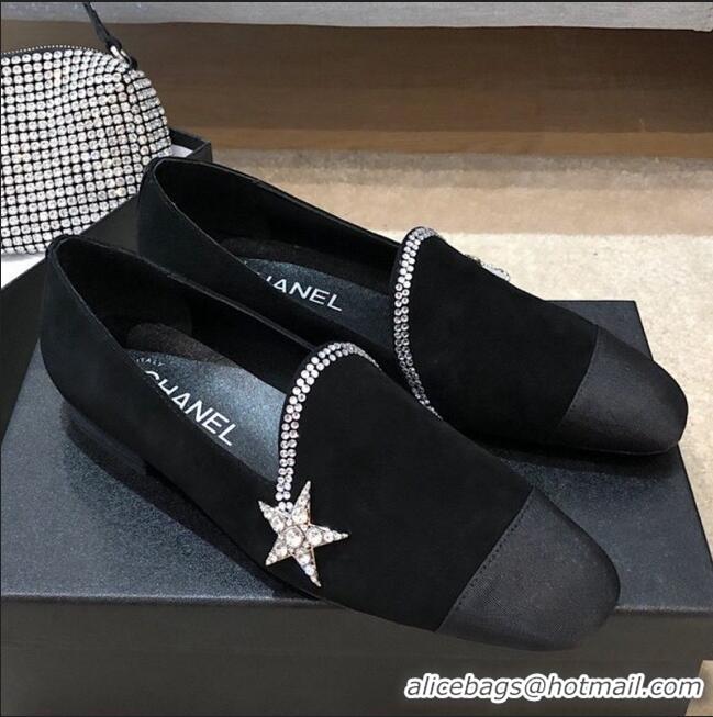 Shop Cheap Chanel Velvet Flat Loafers with Crystal Star G35833 Black 2020