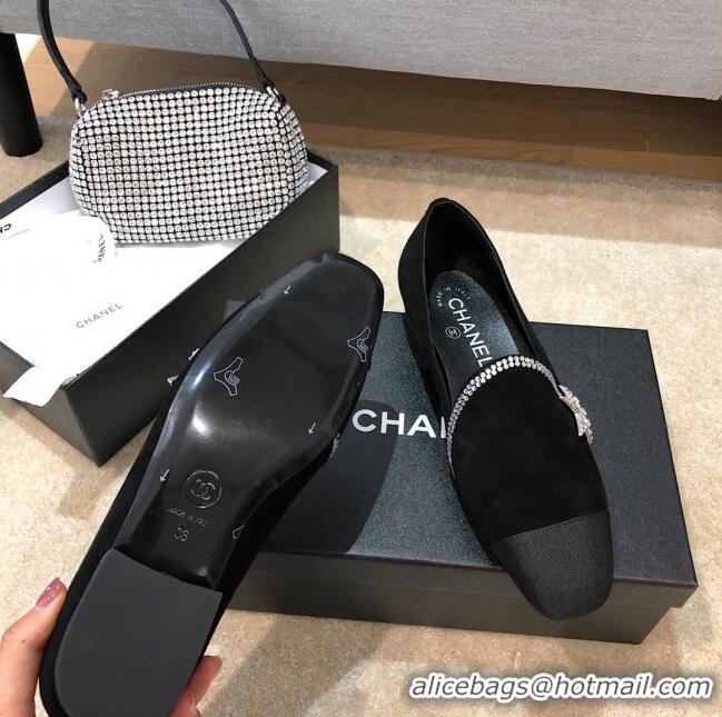 Shop Cheap Chanel Velvet Flat Loafers with Crystal Star G35833 Black 2020