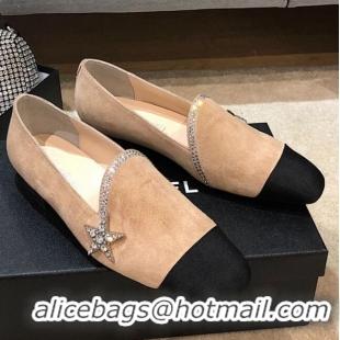 Low Cost Chanel Velvet Flat Loafers with Crystal Star G35833 Apricot 2020