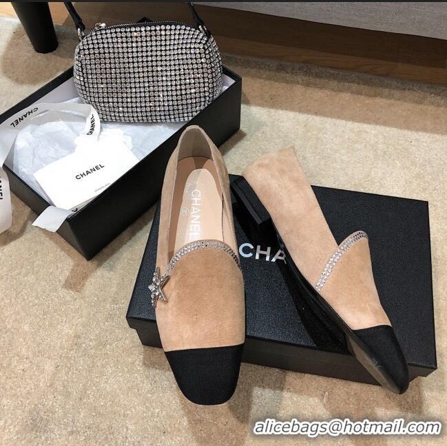 Low Cost Chanel Velvet Flat Loafers with Crystal Star G35833 Apricot 2020