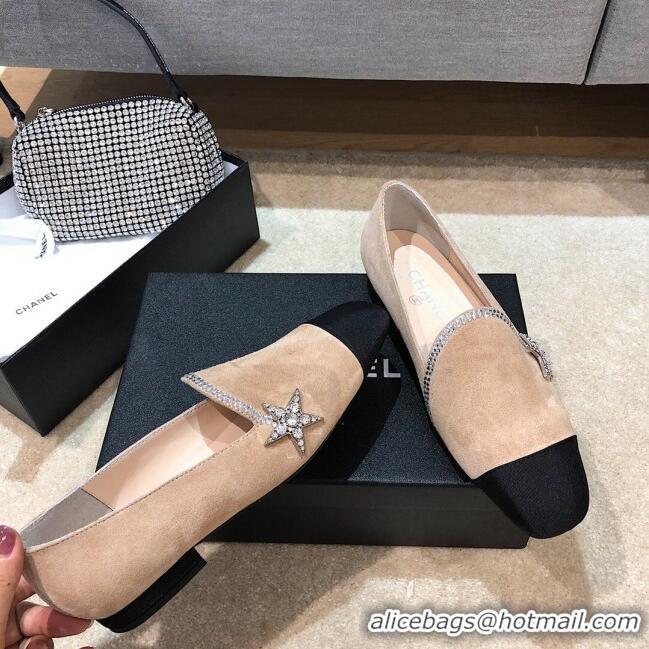 Low Cost Chanel Velvet Flat Loafers with Crystal Star G35833 Apricot 2020