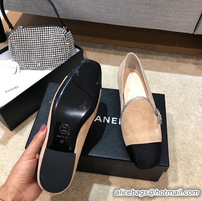 Low Cost Chanel Velvet Flat Loafers with Crystal Star G35833 Apricot 2020