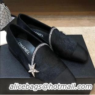 Promotional Chanel Fur Flat Loafers with Crystal Star G35833 Black 2020