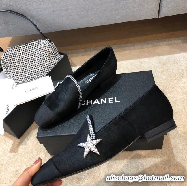 Promotional Chanel Fur Flat Loafers with Crystal Star G35833 Black 2020